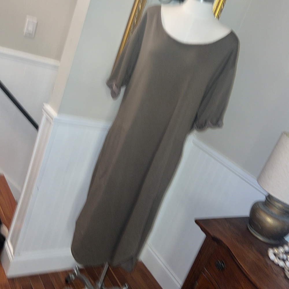 Bobi olive green sweatshirt dress. Large. Neck cut out to make different look.